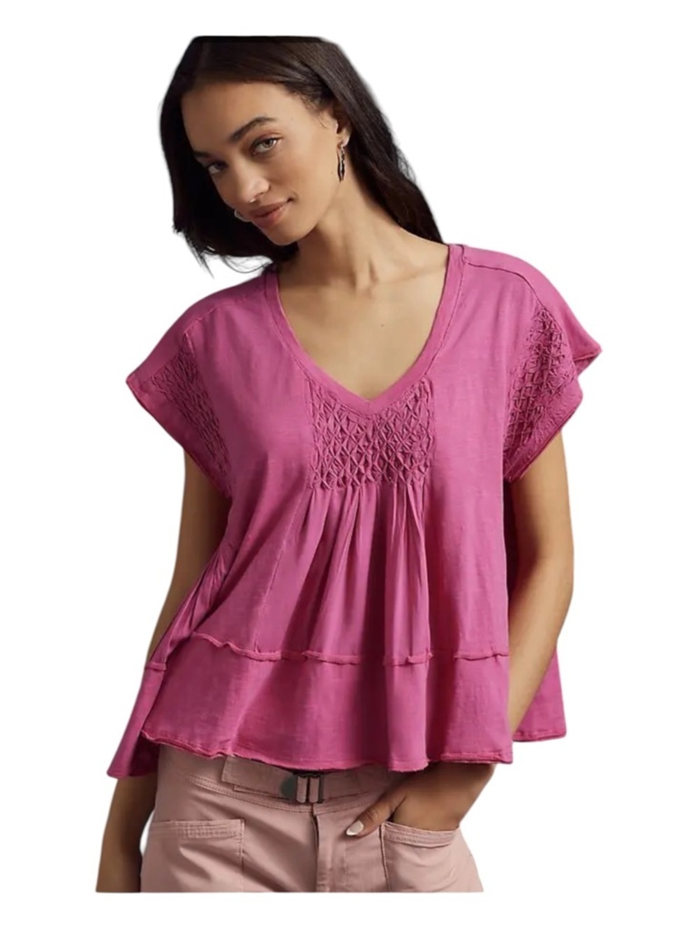 Anthropologie Fuchsia V-Neck Smocked Swing Tee Size Medium NWT